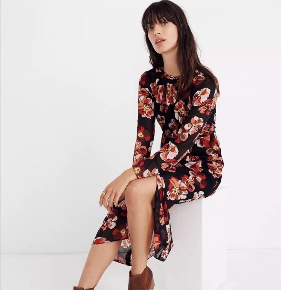 Madewell black red floral print sheer side slit midi dress size XXS